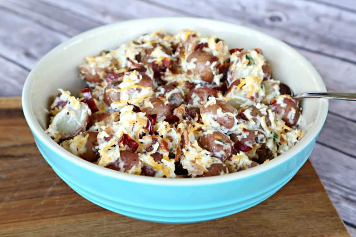 Bacon and Cheddar Potato Salad recipe made with baby red potatoes