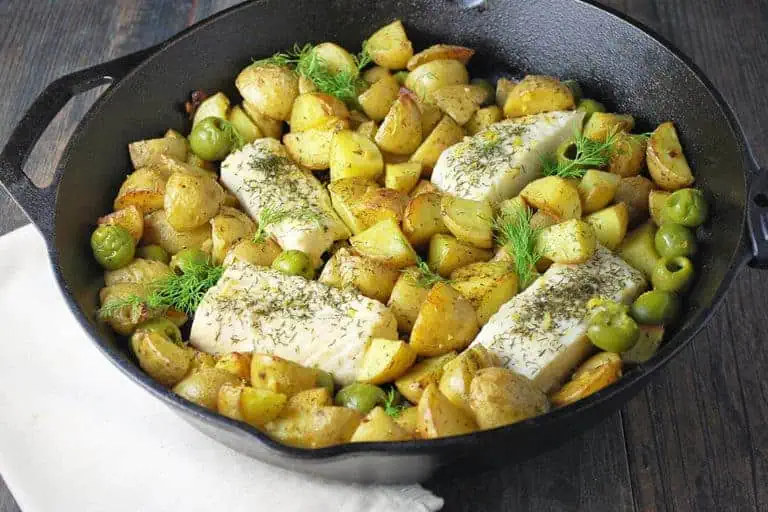 Baked Halibut with Fingerlings & Olives