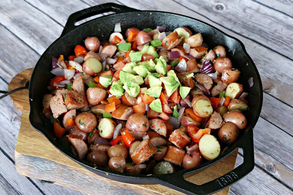 Recipe for Breakfast Potato and Sausage Skillet made with baby potatoes