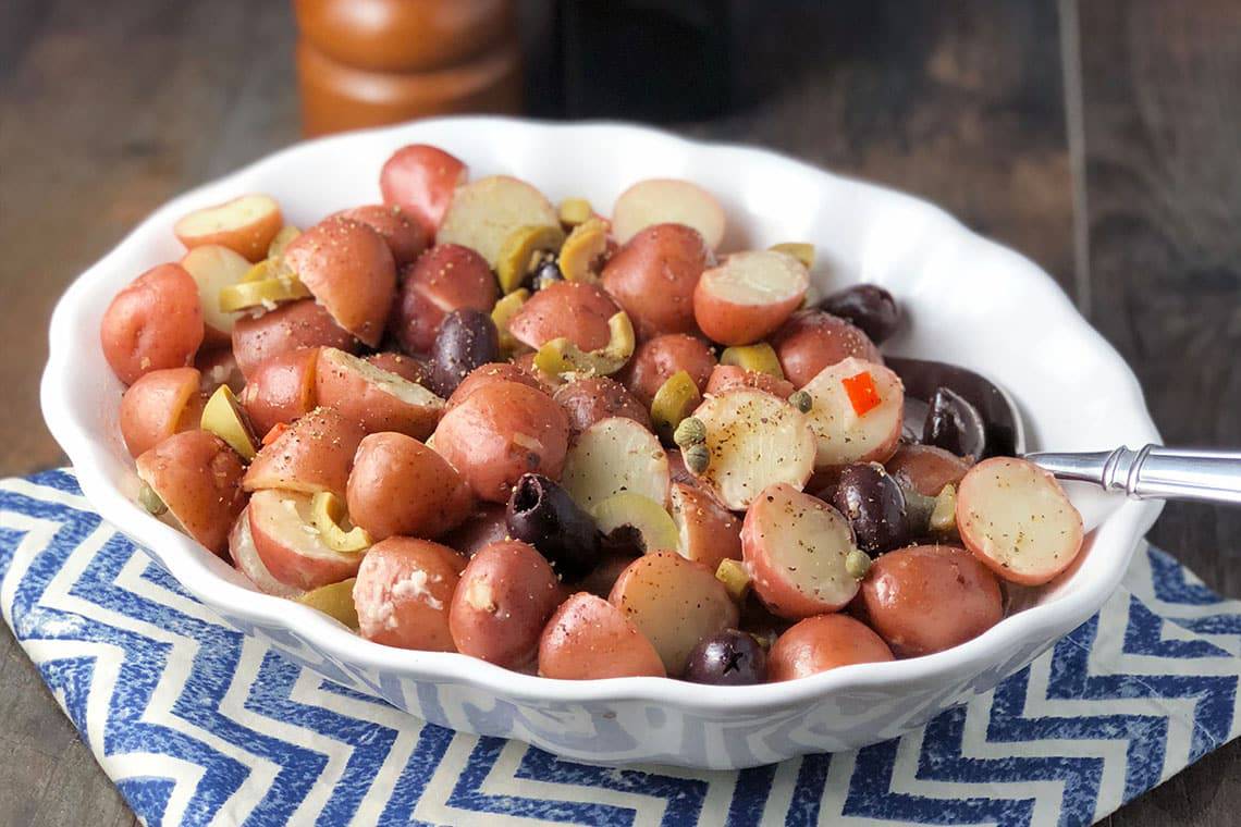 Greek Potato Salad recipe made with baby red potatoes