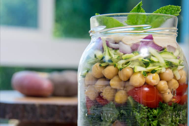 Mason Jar Mediterranean Garden Salad recipe made with small potatoes