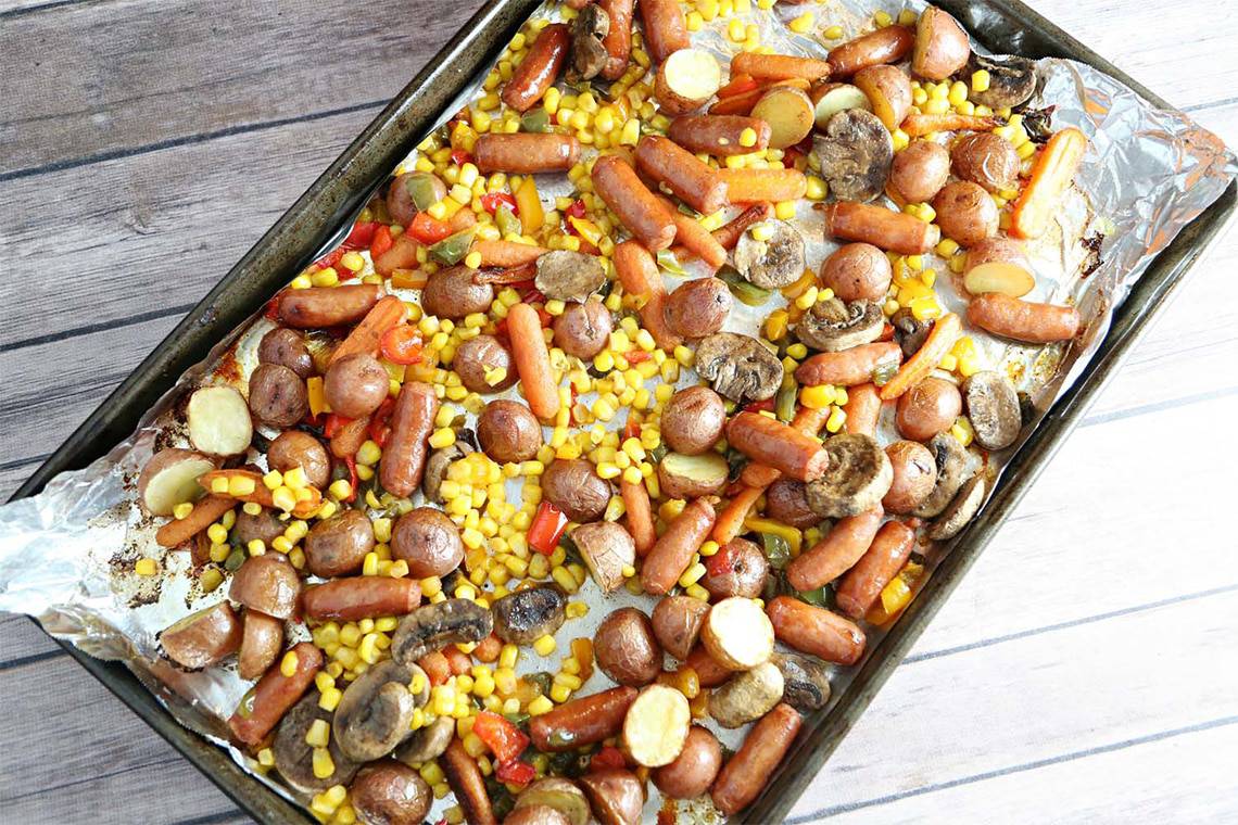 Recipe for Roasted Potato, Sausage and Vegetable Salad made with baby potatoes