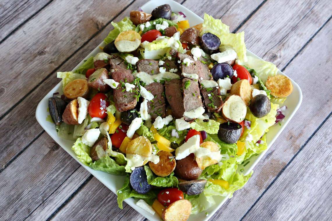 Steak and Potato Cowboy Salad recipe made with small potatoes