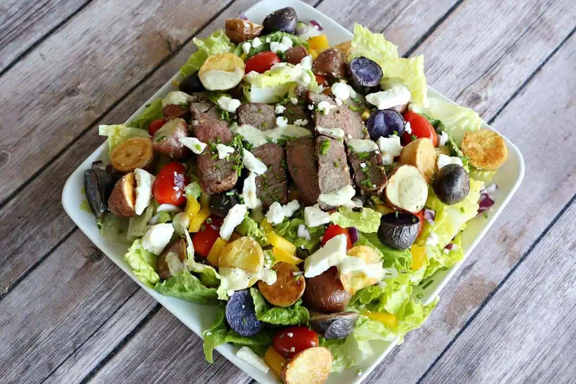 Steak and Potato Cowboy Salad recipe made with small potatoes