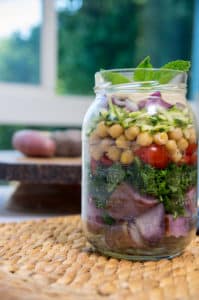 Recipe for Mason Jar Mediterranean Garden Salad made with small potatoes