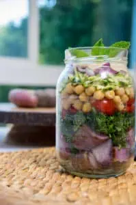 Recipe for Mason Jar Mediterranean Garden Salad made with small potatoes