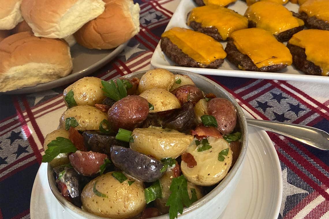 Recipe for American Blend Roasted Red White & Blue Gourmet Potato Salad made with baby potatoes