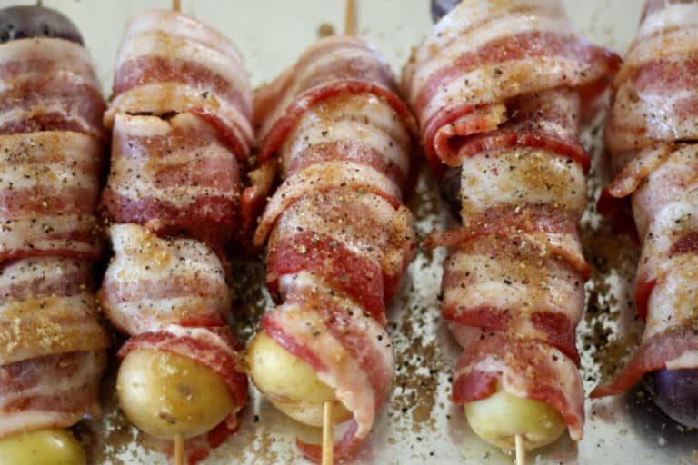 Recipe for Candied Bacon Wrapped Grilled Potatoes made with baby potatoes