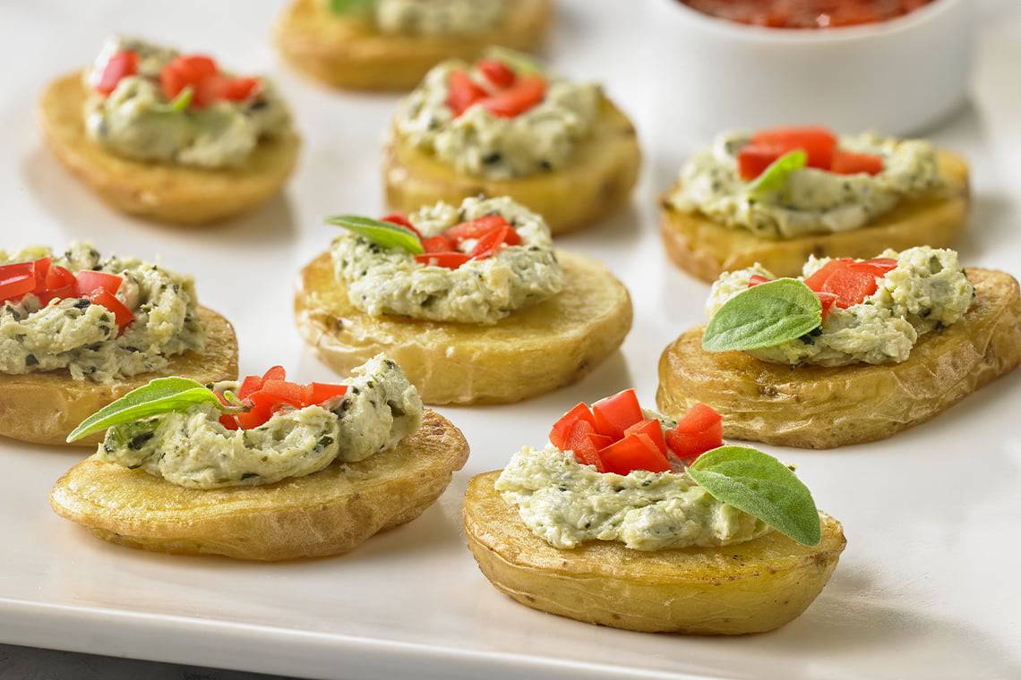 Recipe for Potato Crostinis with Pesto made with baby potatoes