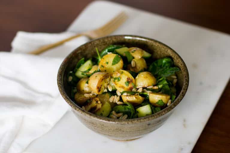 Recipe for Warm Farro Salad with Honey Gold Potatoes and Spinach made with baby potatoes