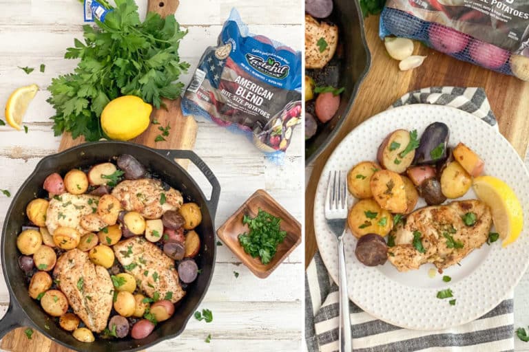 Pollo con limón, ajo y patatas en sartén