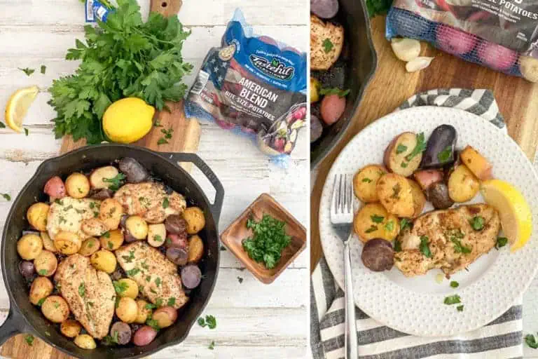 Pollo con limón, ajo y patatas en sartén