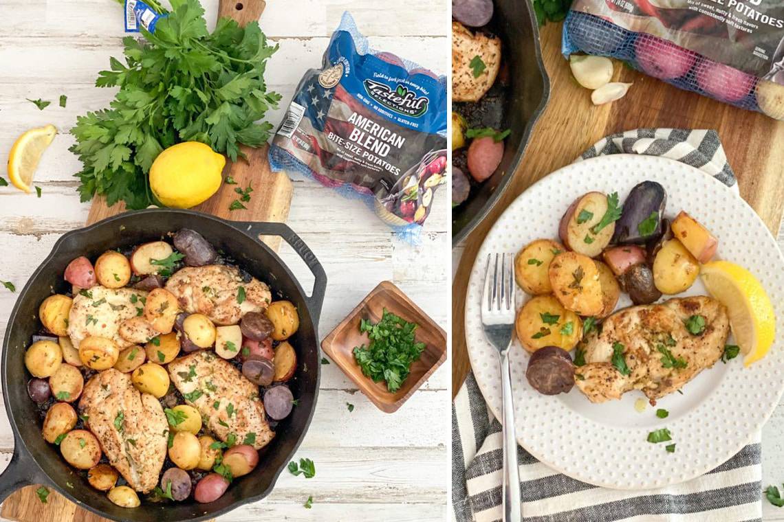 Lemon Garlic Chicken and Potatoes Skillet recipe made with American Blend variety of small potatoes