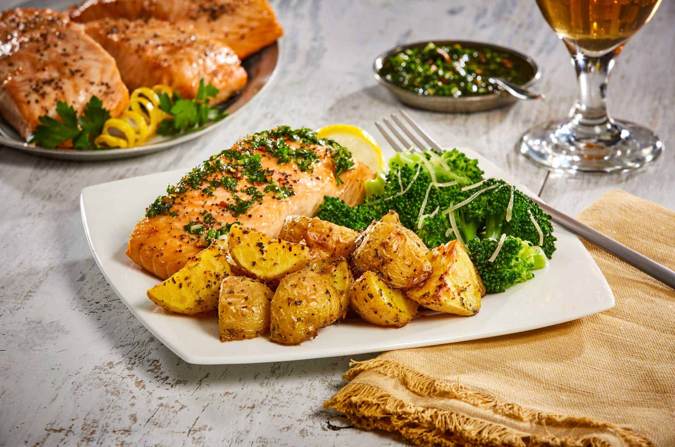 Roasted Salmon with Chimichurri Sauce with Zesty Italian Herb Potatoes