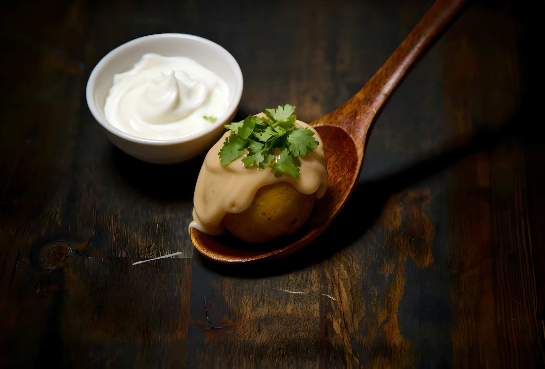 Potato with cheese sauce and cilantro on spoon.