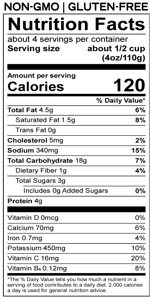 Nutrition facts label for gluten-free, non-GMO product.