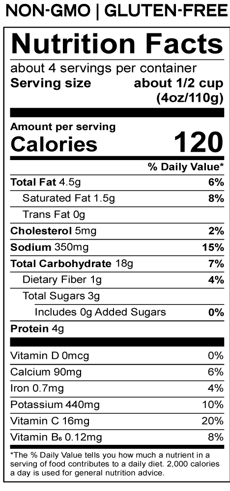 Nutrition facts label, non-GMO, gluten-free, 120 calories.