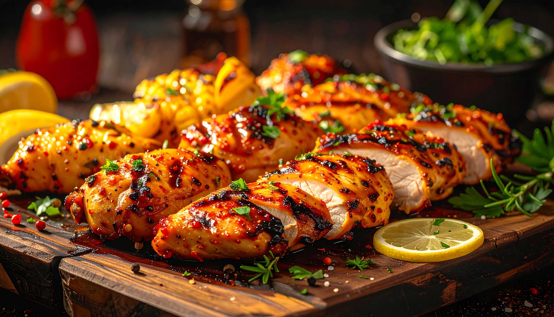 Grilled chicken breasts with herbs and lemon slices.