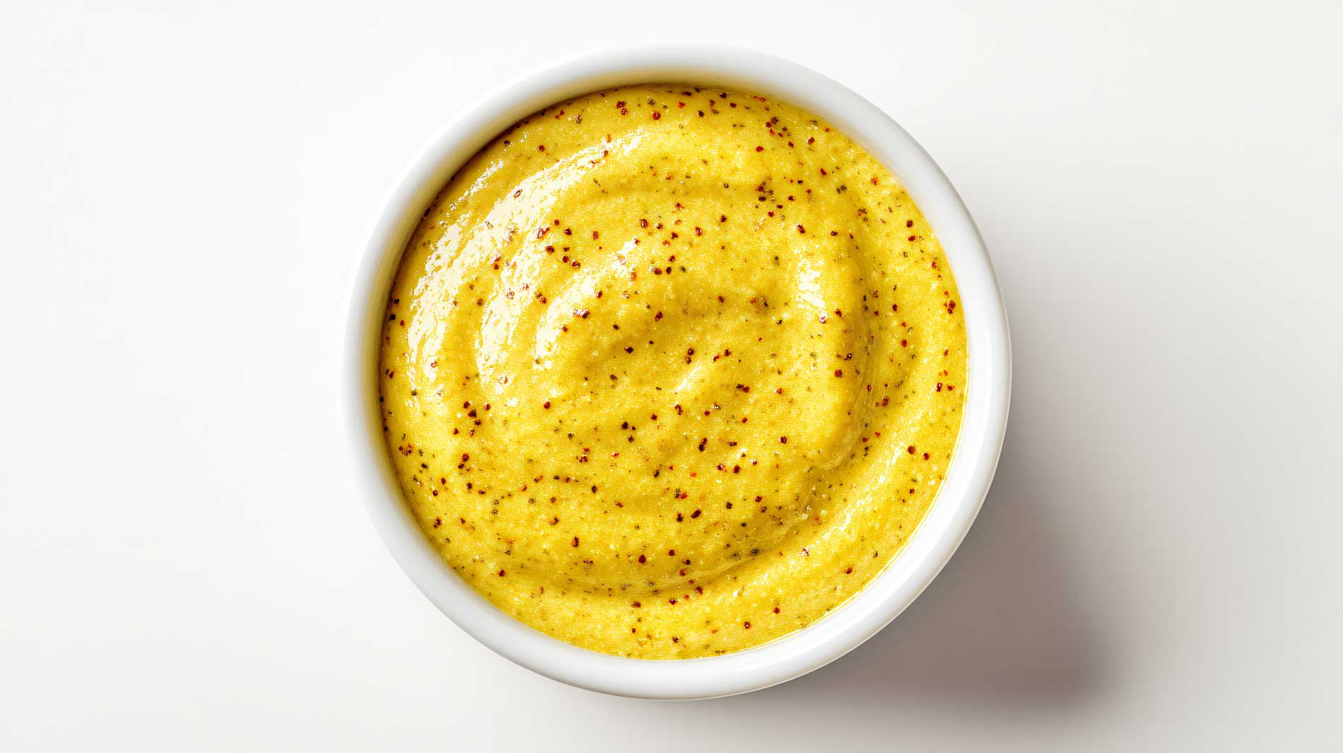 Bowl of yellow mustard with spices.