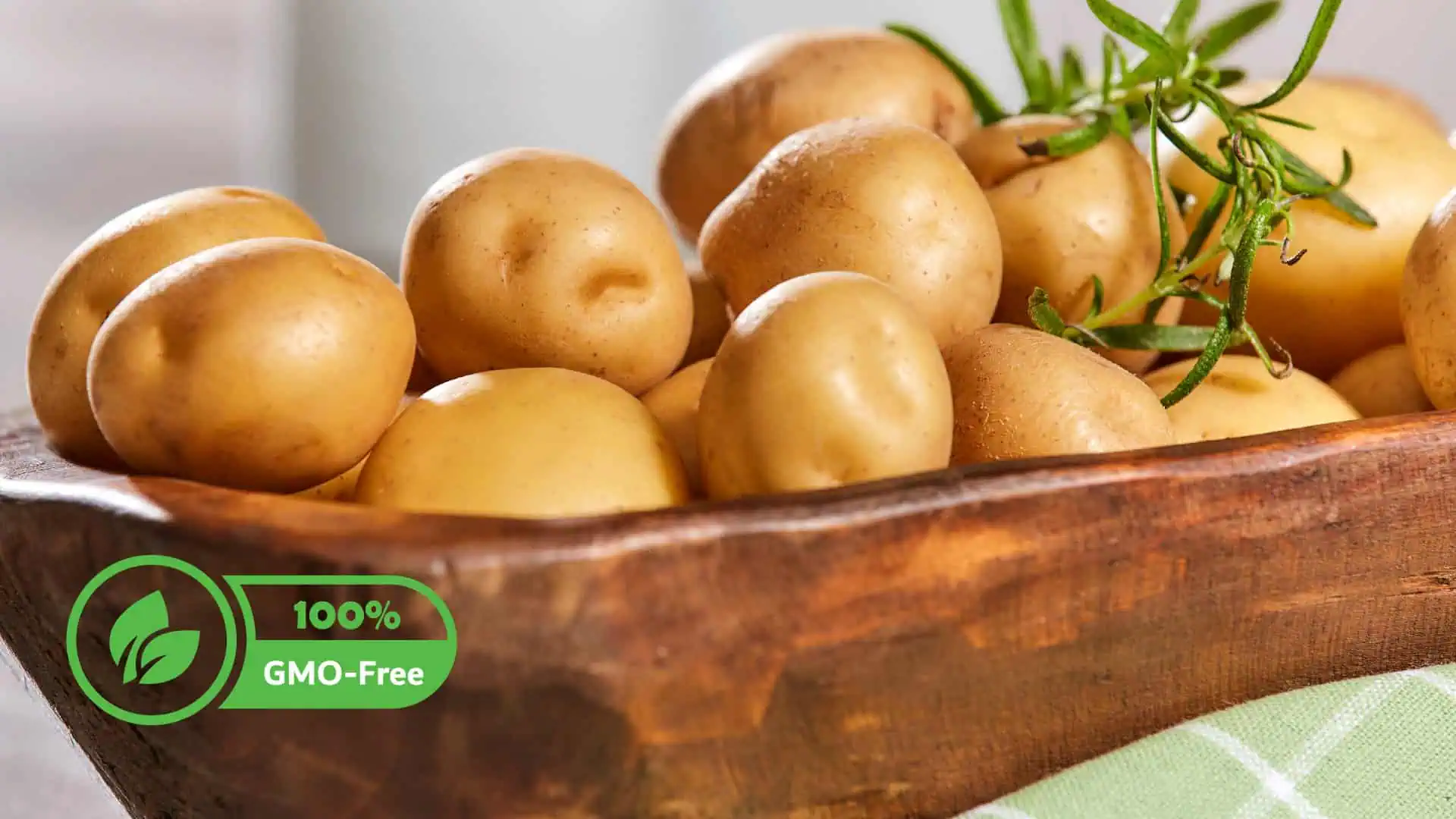 Fresh potatoes in wooden bowl with GMO-free label