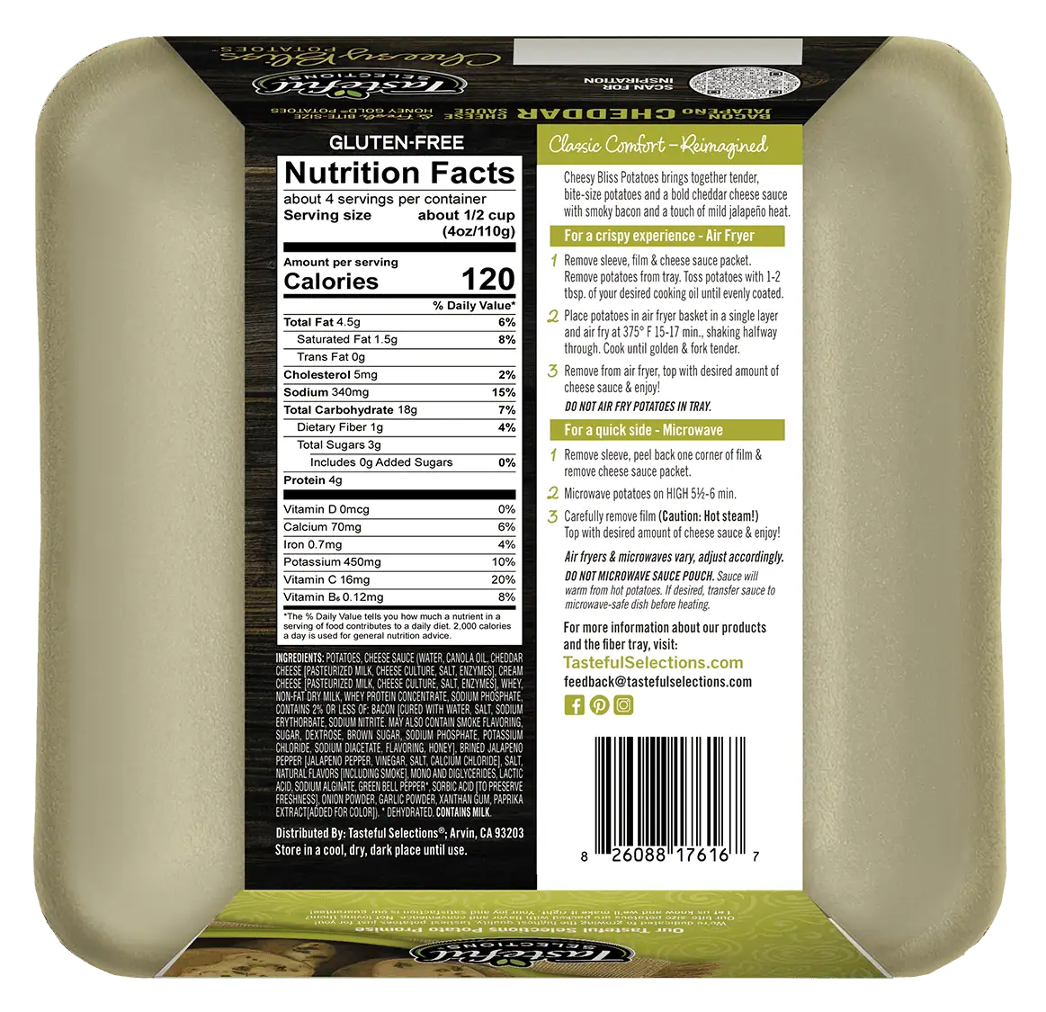 Back label of Tasteful Selections Cheesy Bliss Potatoes package