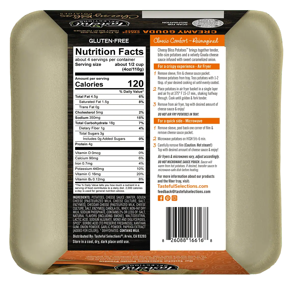 Back of Cheesy Bliss Potatoes package with nutrition facts